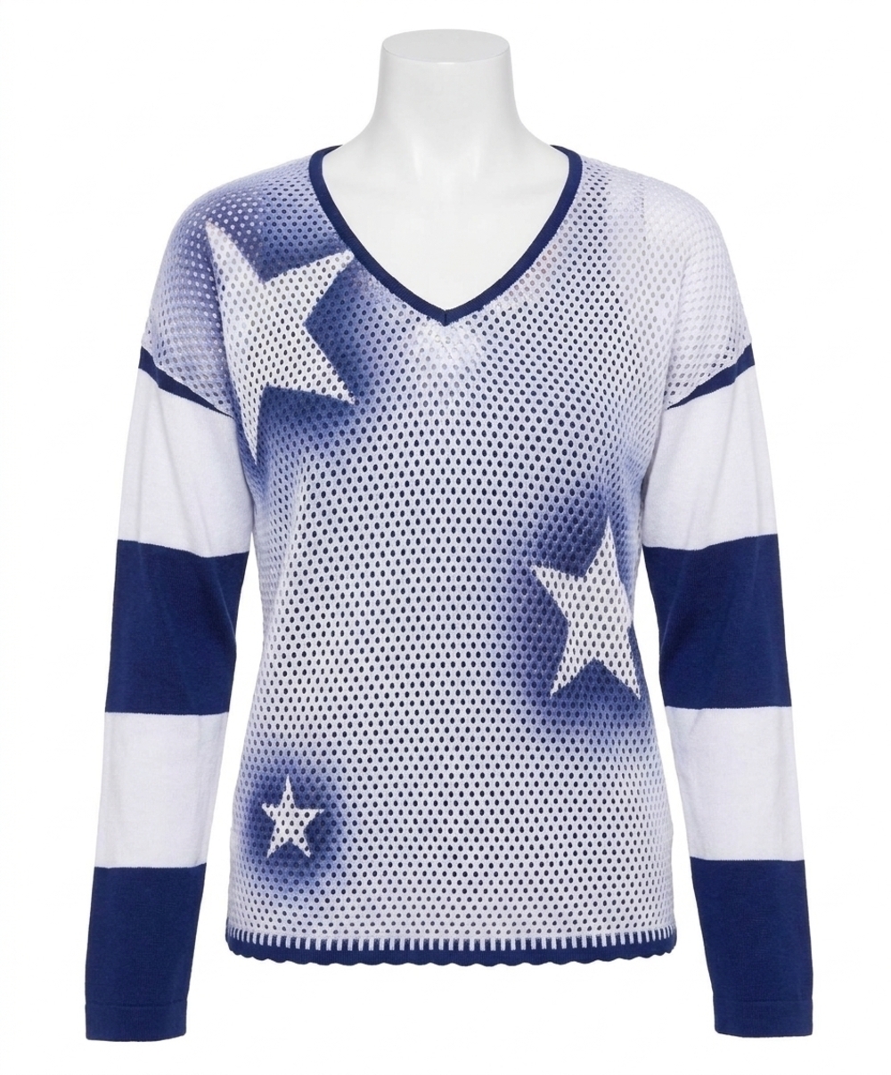 NEW ANGEL APPAREL star crochet knit top in white/navy